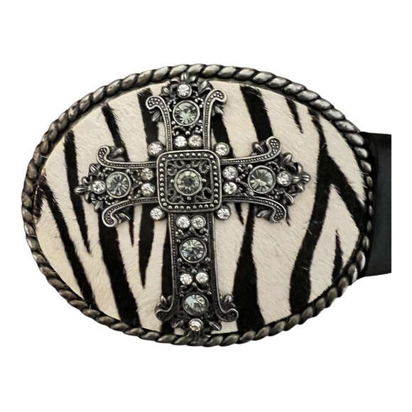 Vintage Black Leather Belt Buckle Zebra Calf Hair Rhinestone Gunmetal Cross M:L main image 6